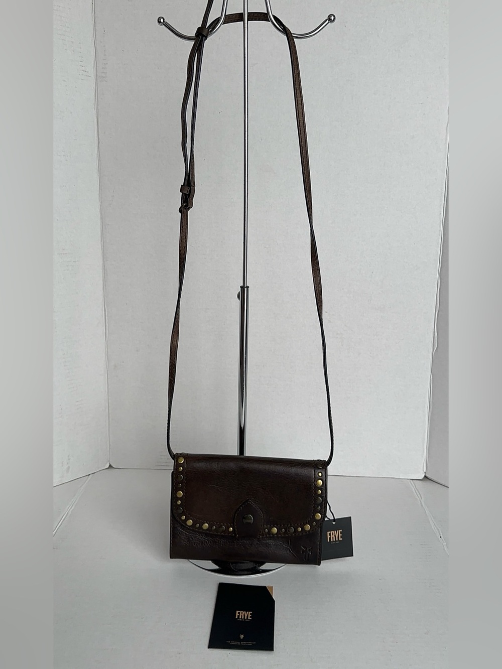 NWT Frye Melissa Studded Leather Wallet Crossbody Clutch Slate Brown $228